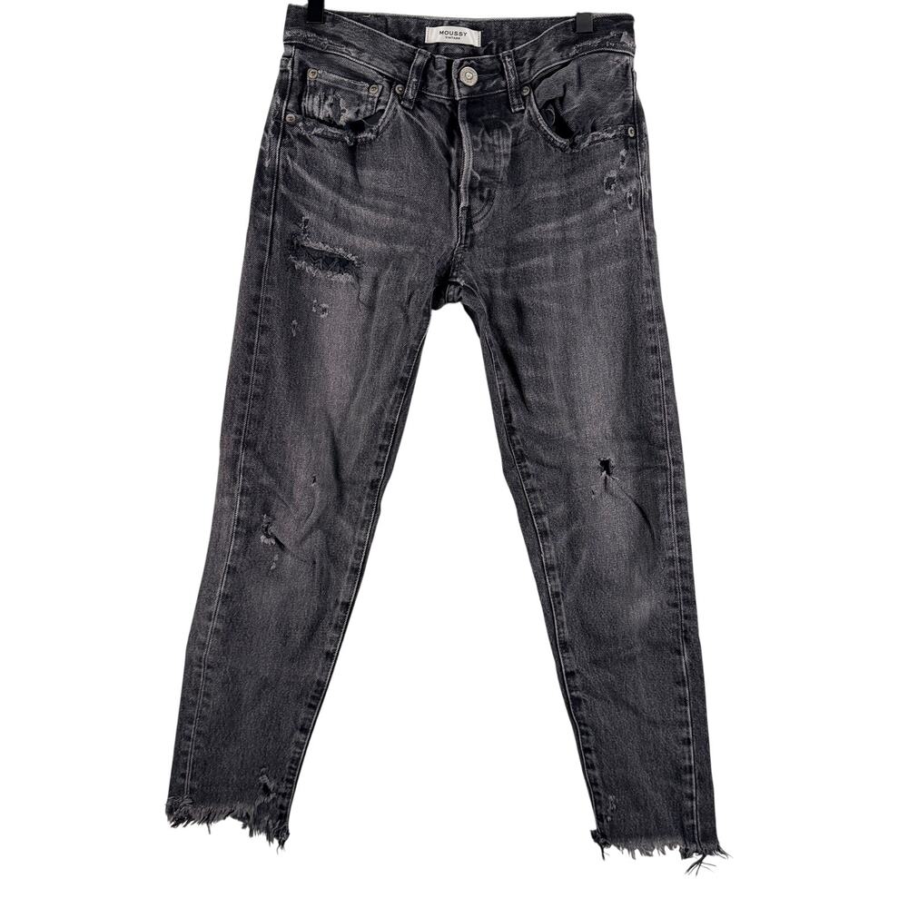 MOUSSY Vintage Distressed Skinny Jeans Grey Black Japanese Denim Raw Hem 25 W25